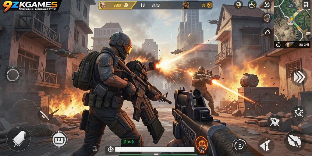 Tangkapan layar gameplay <strong>9ZKGAMES</strong> menunjukkan aksi menembak yang mendebarkan.