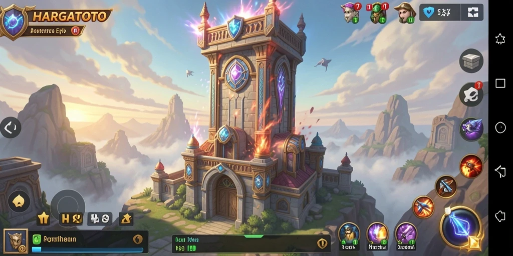 Gameplay HARGATOTO yang menampilkan menara dan musuh.