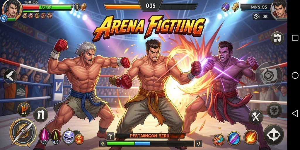 Screenshot utama HOKI65 menampilkan pertarungan intens antara karakter dalam arena.