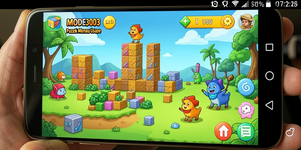 Tangkapan layar gameplay MODE303 menunjukkan teka-teki menarik dan grafis yang menawan.